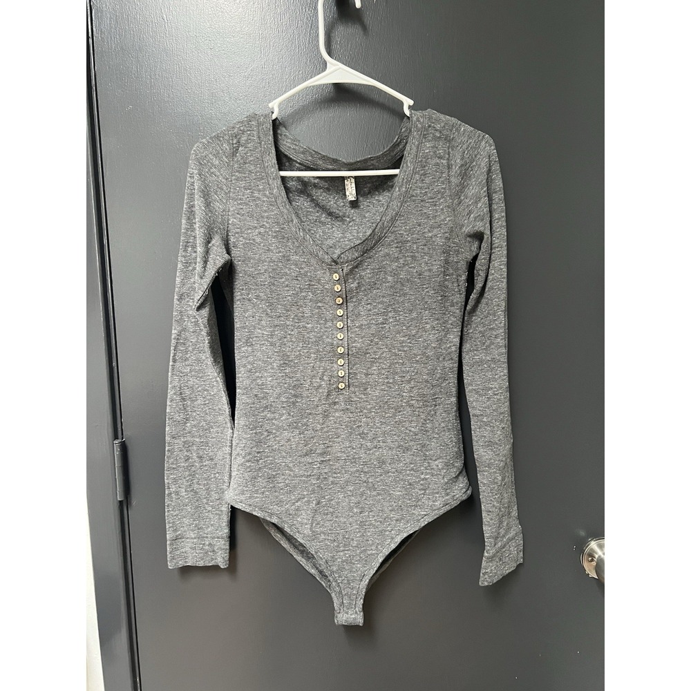 Intimately Free People Womens Sz M Dylan Gray Thermal Waffle Thumbhole Bodysuit